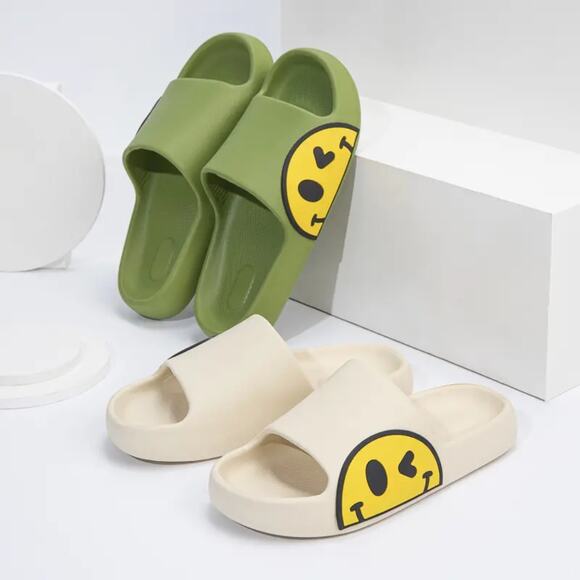 Green Smiley Cushion Slides, Non-Slip, Light, Slippers - Picture 3 of 6